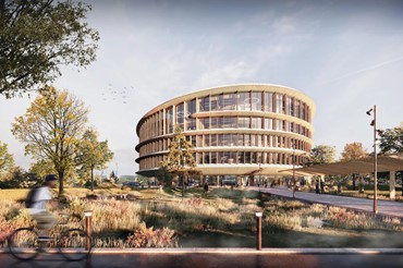 Det foreløbige design af Grundfos' kommende hovedkvarter i Bjerringbro, som bæredygtighedscertificeres som DGNB Platin og skal opfylde krav til LEED Platin. Illustration: Grundfos