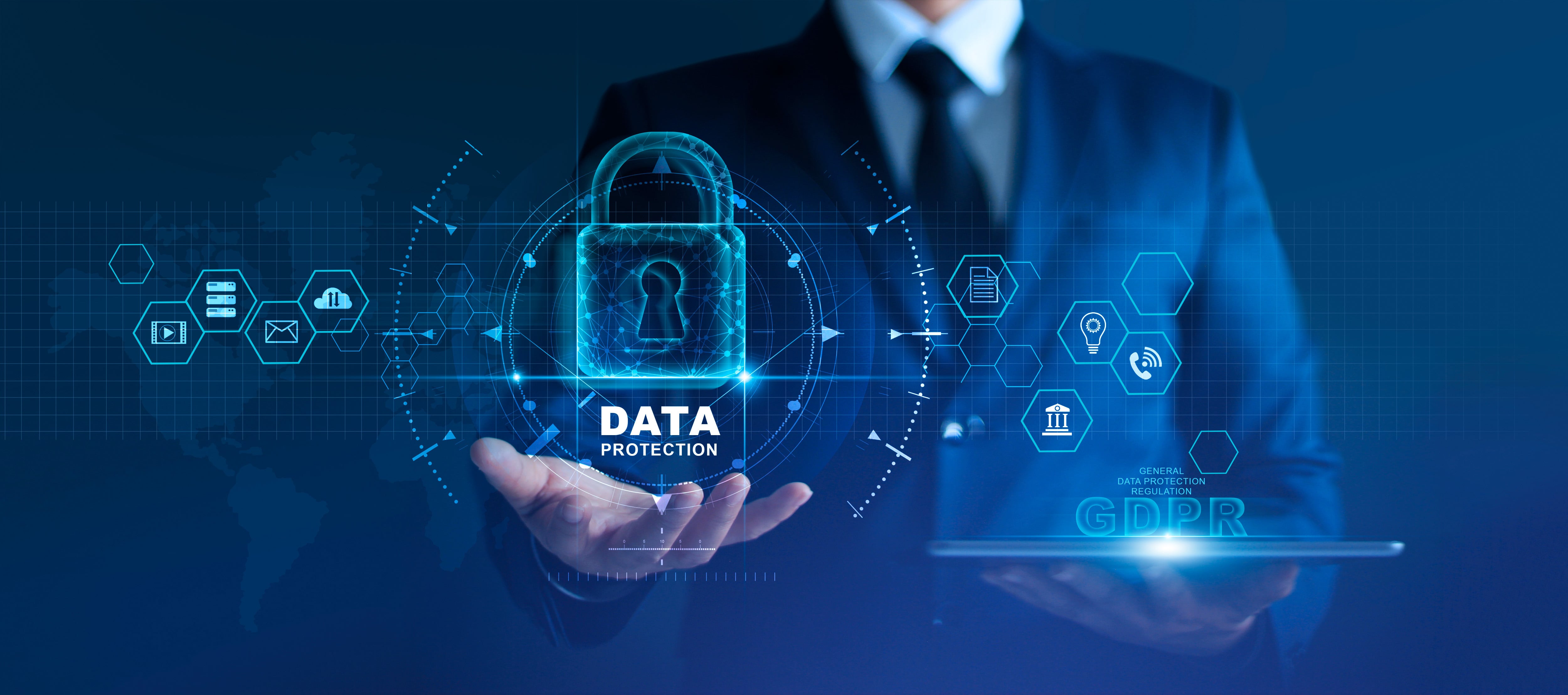 Data Protection Privacy Concept. GDPR. EU. Cyber Security Network. Business Man Protecting Data Personal Information On Tablet And Virtual Interface. Padl Min