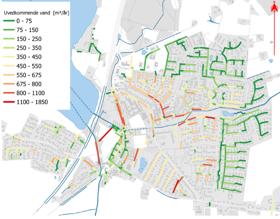 Grundvandsindsivning pr. ledningsstrækning pr. år. Data venligt udlånt af Aarhus Vand.